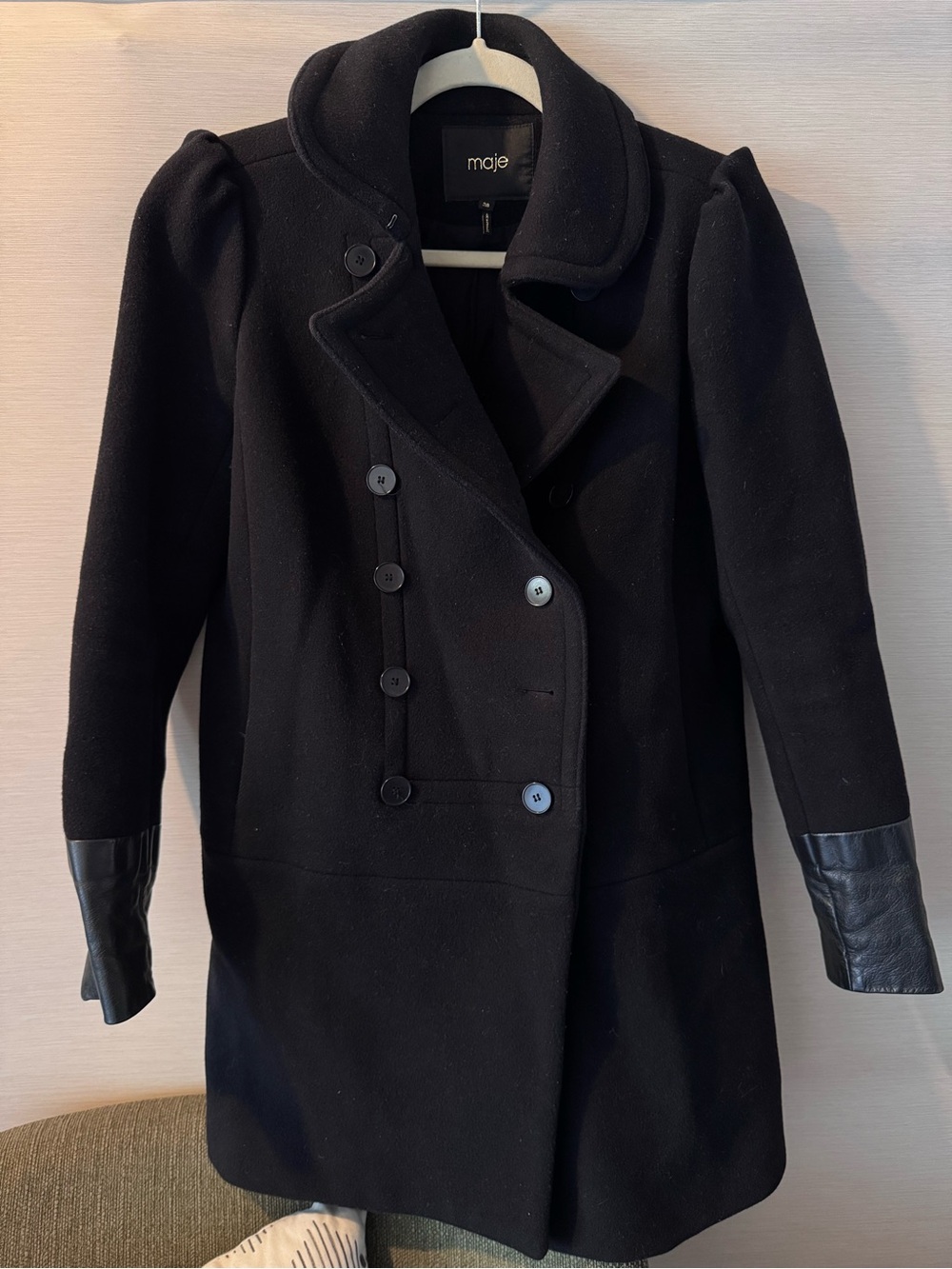 Maje Black Wool Double-Breasted Pea Coat with Leather Cuff Trim